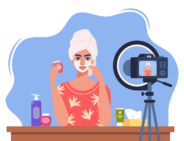 Blogueira de beleza gravando um vídeo tutorial de cuidados com a pele para seu vlog