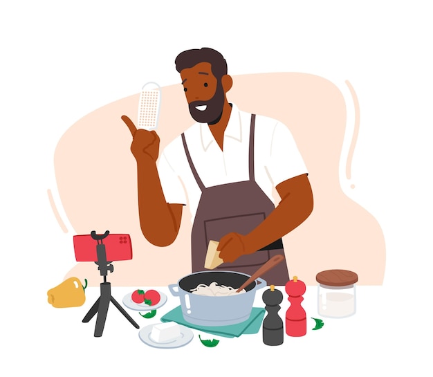 Vetor blogueiro-chefe africano que cozinha online aulas de culinária virtual conceito influenciador masculino negro streaming