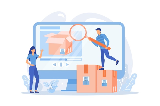 Blogueiros com lupa olhando dentro da caixa nova compra Vídeo de unboxing vídeo de revisão do produto