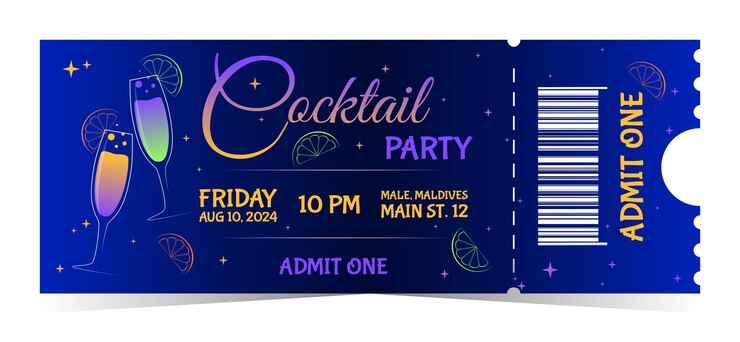 Vetor blue cocktail party invitation ticket design com bebidas coloridas detalhes do evento e admitir um