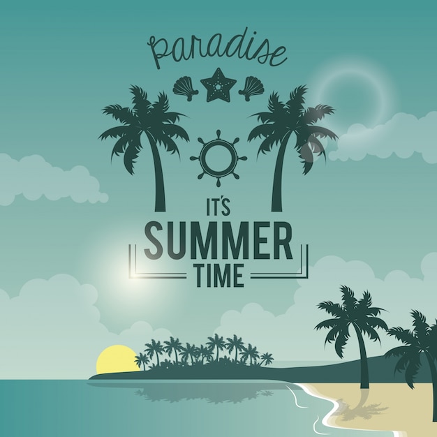 Blue color poster seaside com logotipo texto paraíso verão