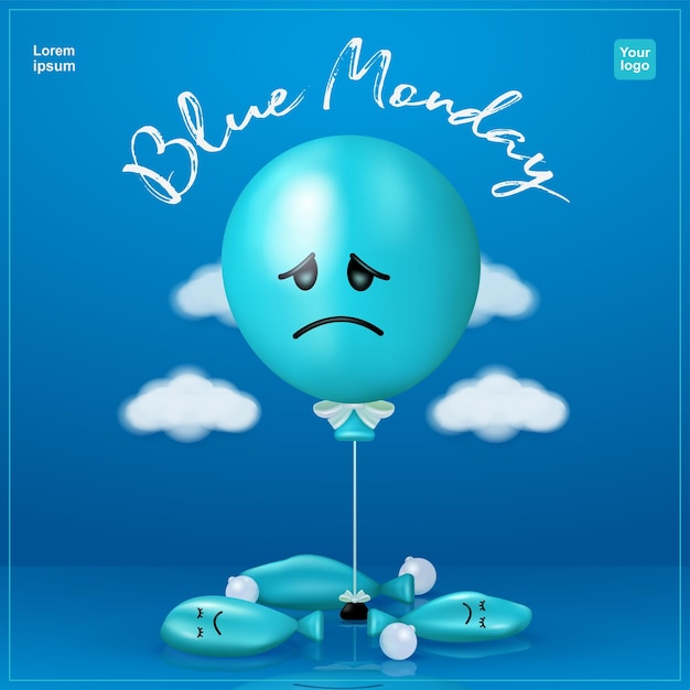 Blue monday balões azul triste porque seu amigo é desinflado com nuvens ao seu redor vetor 3d