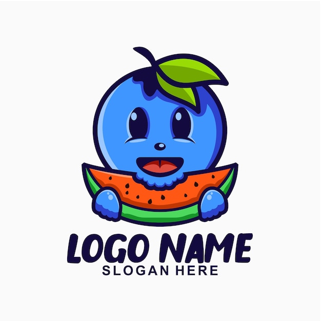 Vetor blueberry comendo melancia design de logotipo de personagem fofo mascote