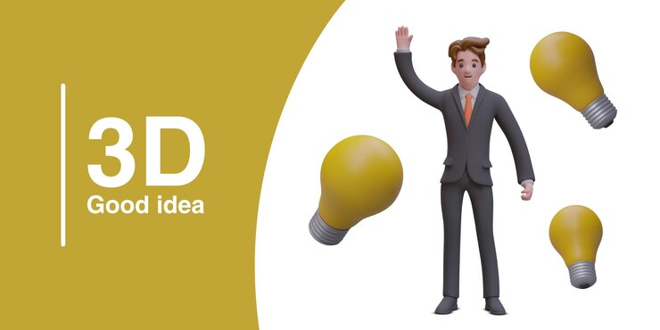 Vetor boa ideia conceito 3d personagem masculino em terno de negócios lâmpadas acesas