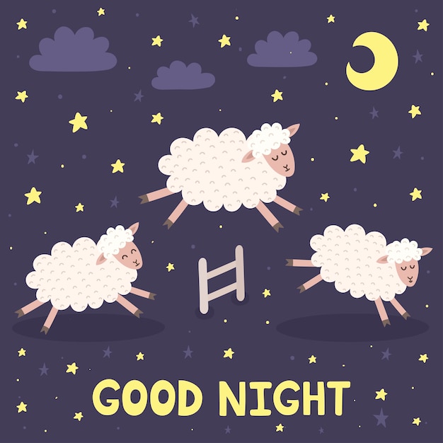 Boa noite cartão com ovelhas pulando uma cerca