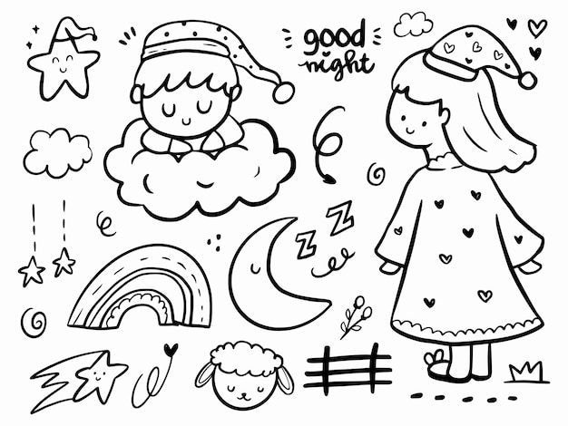 Boa noite fofo desenho de desenho de ilustração de doodle com arco-íris e nuvens