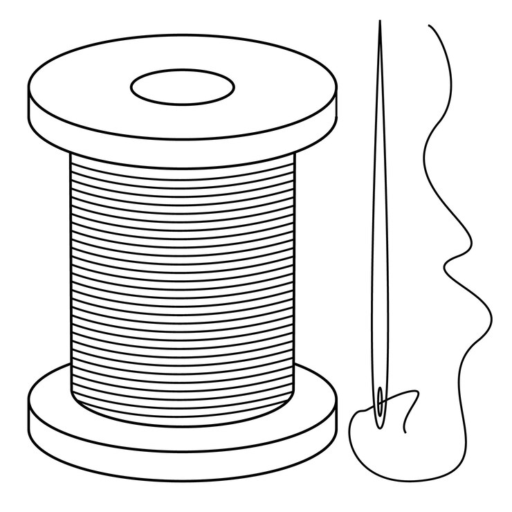 Vetor bobina desenhada à mão com fios e uma agulha com um fio enfiado. contorno. vetor