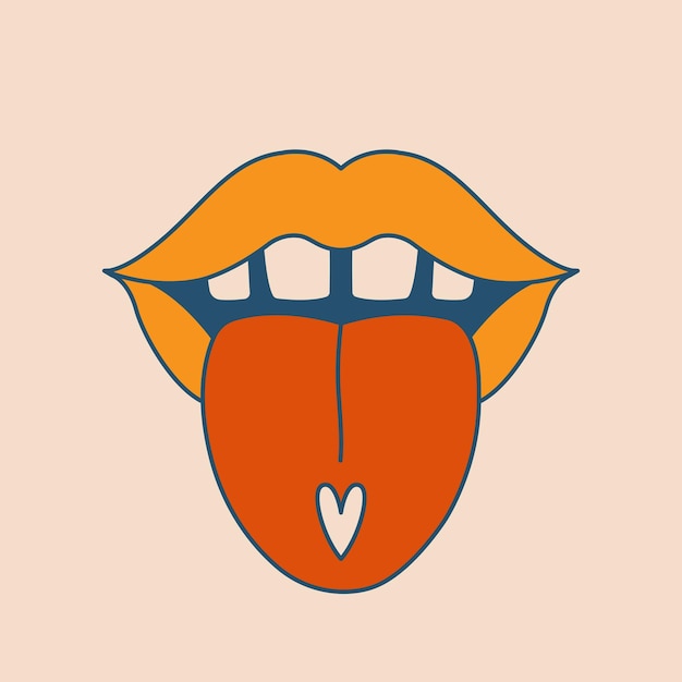 Vetor boca aberta com a língua para fora e um comprimido em forma de coração. arte de clipe retrô e psicodélica.