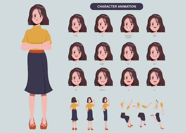 Boca de animação de personagem de mulher de negócios e frente, lado, costas, pose de exibição de 3-4.