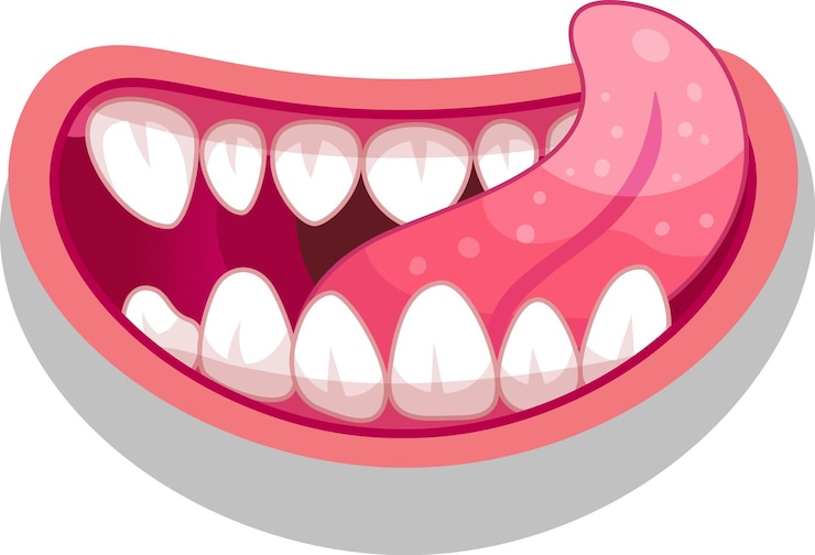 Vetor boca de desenho animado brincalhão com dentes língua e lábios lambendo lábios com um sorriso tolo perfeito para adesivos de humor emojis e temas de festa