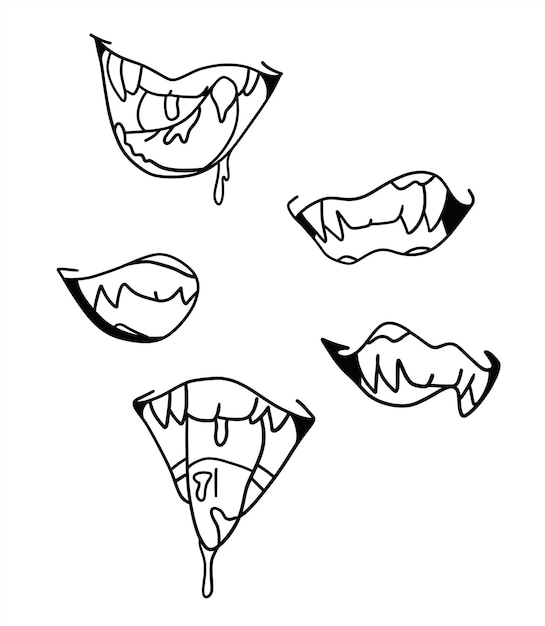 Boca Doodle cartoon pop art sorriso raiva e expressão de rosto assustador com dentes e língua Conjunto de bocas isoladas desenhadas à mão vetorial