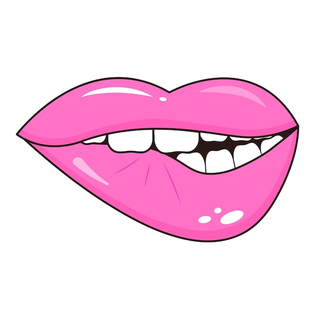 Boca mordendo o lábio inferior com dentes no estilo pop art lábios sensuais femininos