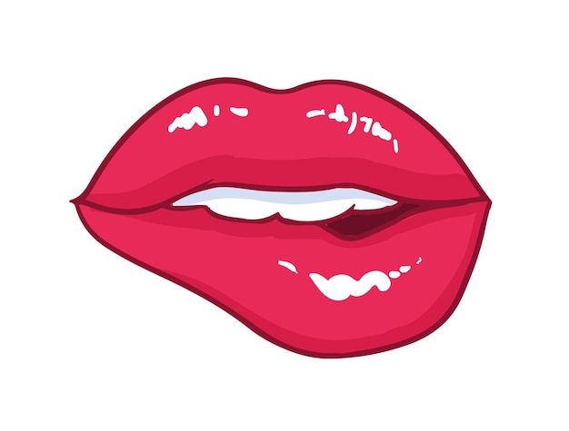 Vetor boca sexy com lábios mordidos brilhantes vermelhos brilhantes, isolados no fundo branco. símbolo de amor, beijo, paixão e desejo sexual. elemento de belo design romântico. ilustração em vetor quadrinhos dos desenhos animados.
