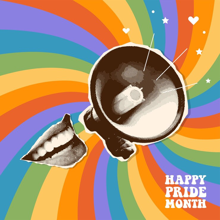 Vetor boca sorridente com alto-falante em lgbt radial sunburst arco-íris de fundo megafone de colagem de meio tom