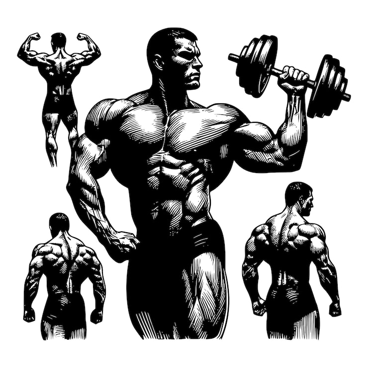 Vetor bodybuilder desenhado à mão gravura caneta e tinta ilustração vetorial