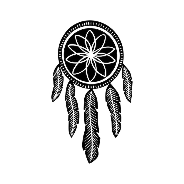 Boho dream catcher símbolo tribal místico desenhado à mão dreamcatcher em estilo linocut celestial