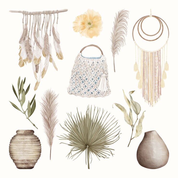 Vetor boho elementos de decoração para casa com flores e folhas tropicais