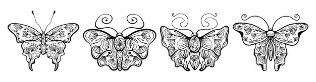 Boho Floral Borboleta Mariposa Inseto Conjunto Lineart Ilustração Vetorial 02