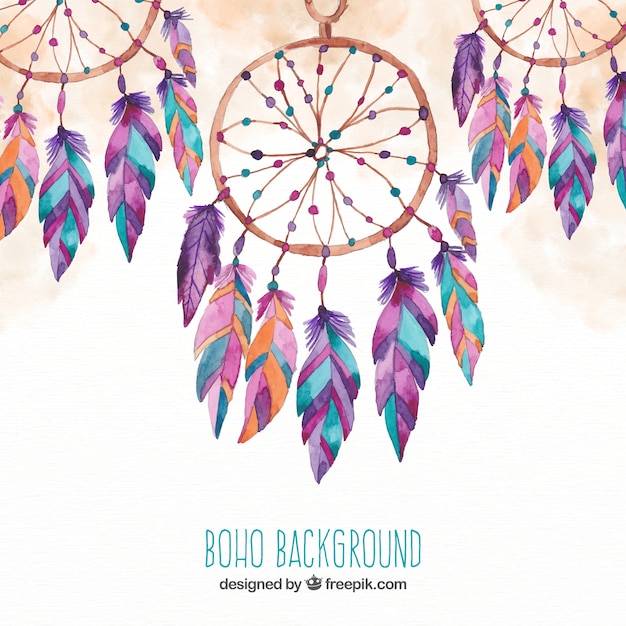 Boho fundo com coletores de sonho em estilo aquarela