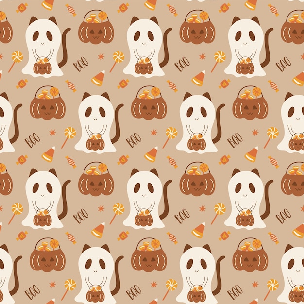 Boho halloween pattern boho halloween fantasma assustador com fundo sem costura de doces gato assustador bonito em papel de parede de fundo pastel ilustração em vetor design de superfície de halloween clássico travessuras