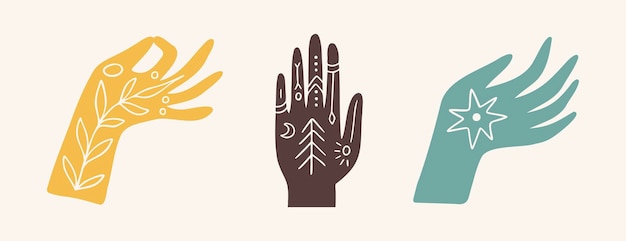 Boho mãos arte conjunto místico reiki meditação mão bruxaria sagrada mística mão desenhada cor