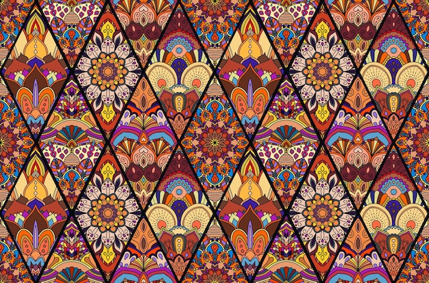 Boho Seamless Flower Pattern Colorido azulejos roxos dourados mandala fundo Elemento de design floral intrincado para papel de parede presente papel tecido impressão móveis decoração de ornamento vetorial incomum