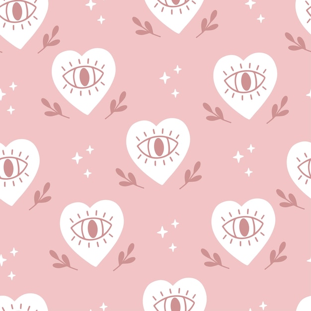 Boho seamless pattern - mágico vendo coração com terceiro mau-olhado no fundo rosa. símbolo místico esotérico oculto. ilustração do vetor de alquimia. design para impressão espiritual, tecido, têxtil.