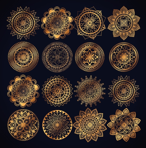 Boho style golden mandala set icons