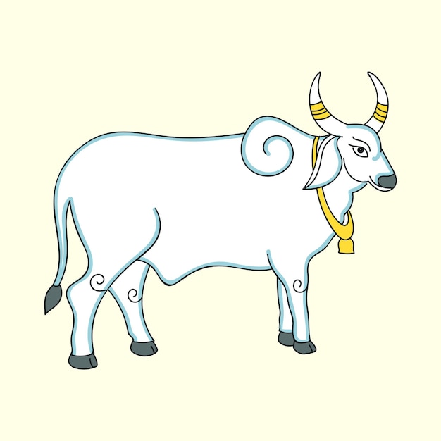 Vetor boi ou vaca isolada usando sino dourado em fundo amarelo