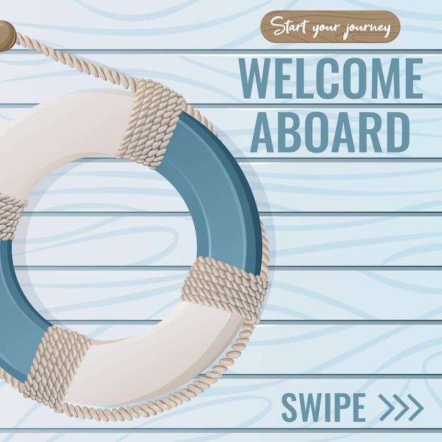 Boia salva-vidas com texto de cordas bem-vindo a bordo do furto ilustração vetorial de fundo azul de madeira