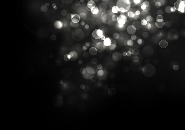 Vetor bokeh turva luz sobre fundo preto. e modelo de feriados de ano novo. resumo glitter prata defocused piscando estrelas e faíscas.