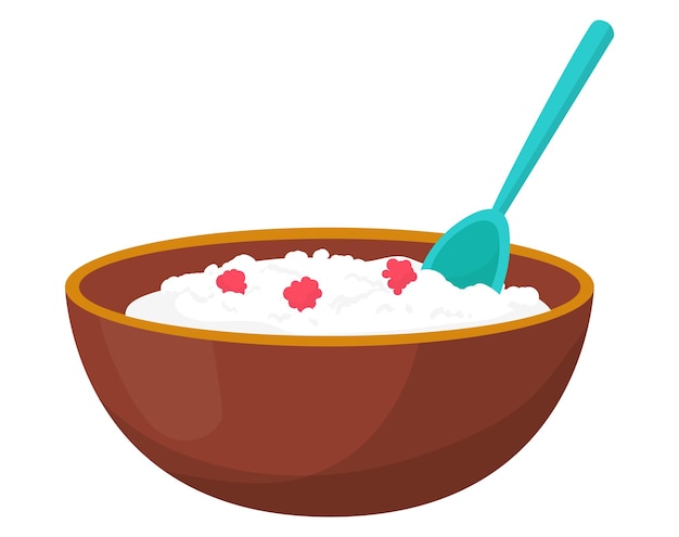 Bol de arroz com guarnição vermelha e uma colher azul prato de arroz de estilo desenho animado simples com decorações ilustração vetorial de conceito de alimentação e refeição saudável