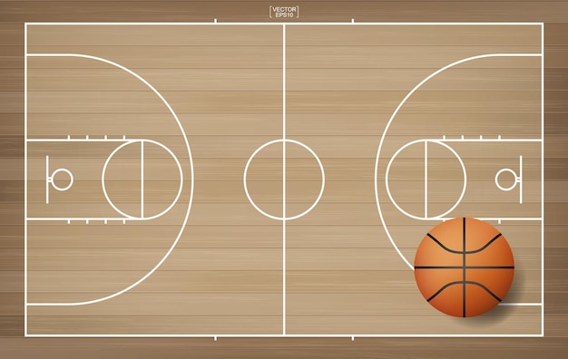 Bola de basquete na área da quadra de basquete. com fundo padrão de madeira. ilustração vetorial.