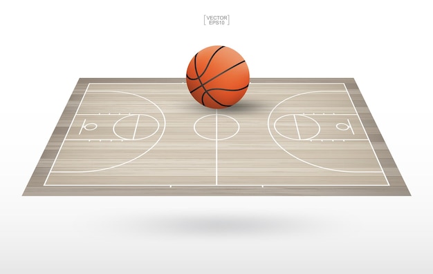 Bola de basquete na área da quadra de basquete. com fundo padrão de madeira. ilustração vetorial.