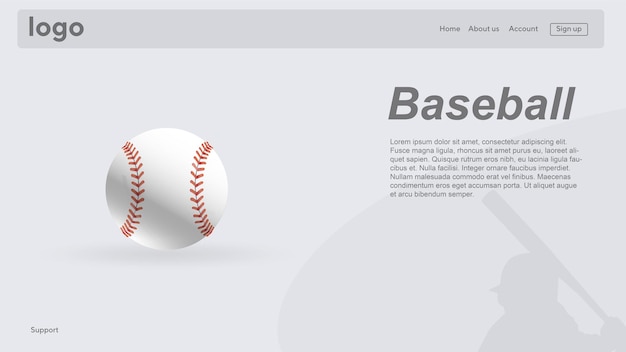 Bola de beisebol em fundo abstrato design da página de destino do clube de beisebol site do clube de beisebol