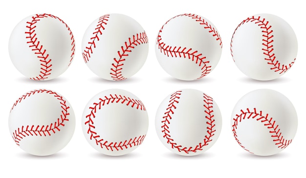 Bola de beisebol. Softball de couro branco com pontos de renda vermelha em diferentes ângulos, equipamento desportivo para jogo. Conjunto de bolas atléticas com costuras realistas de vetores