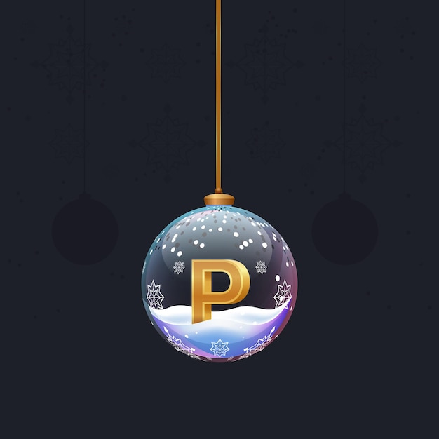 Bola de brinquedo de árvore de natal com uma letra p dourada 3d dentro do elemento de design de decoração de árvore de ano novo