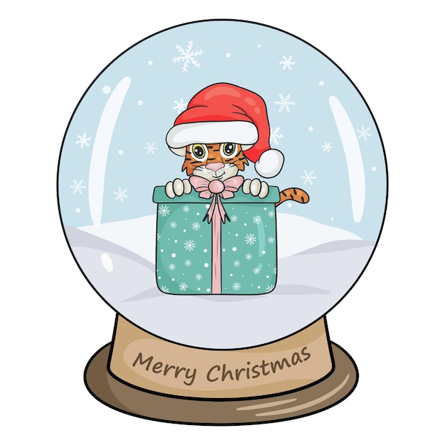 Bola de cristal de natal com paisagem de inverno, tigre e presente. fundo branco isolado da ilustração vetorial estilo dos desenhos animados.