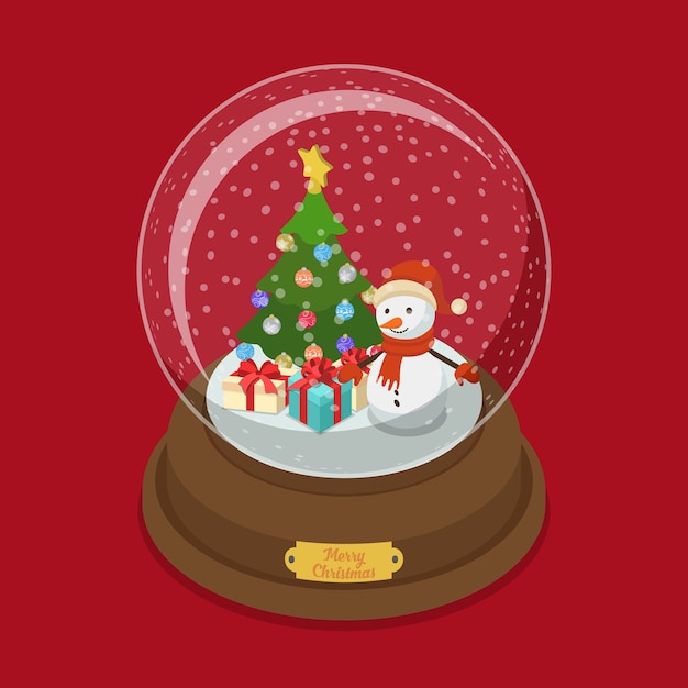 Bola de cristal feliz natal isometria plana isométrica web ilustração neve decorada abeto árvore boneco de neve apresenta caixas de presente modelo de cartão postal de férias de inverno
