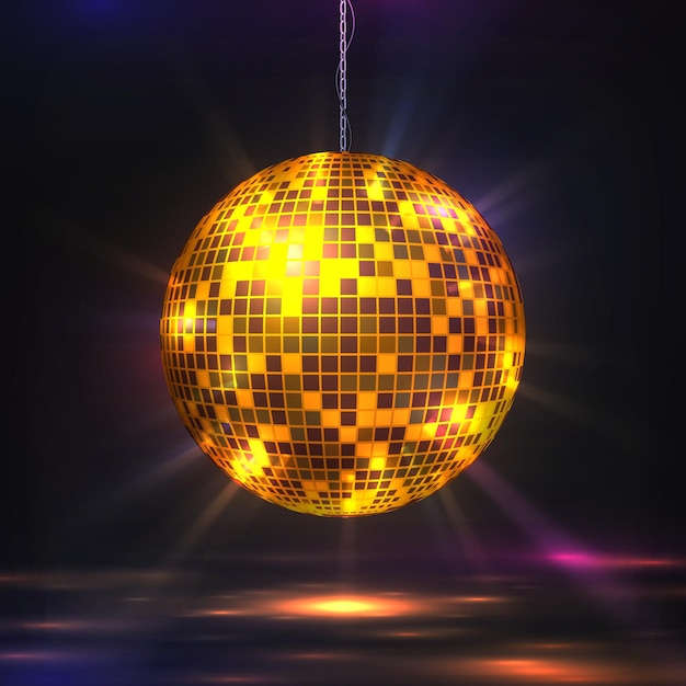 Vetor bola de discoteca. elemento de luz de festa dos anos 80, esfera de brilho retro futurista para festa de música e dança à noite. bola de textura de espelho de ilustração vetorial com efeitos de luz bokeh