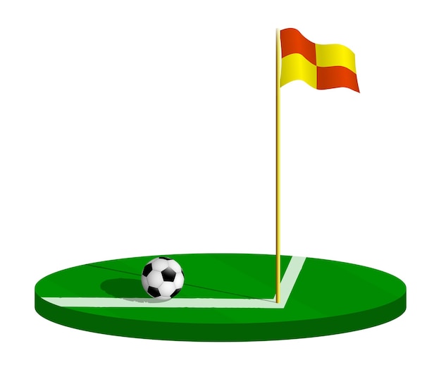 Vetor bola de futebol com bandeira fottball coner no poste em campo verde fronteiras de campo de futebol marcadas com bandeira estilo de vida ativo vetor isométrico isolado em fundo branco