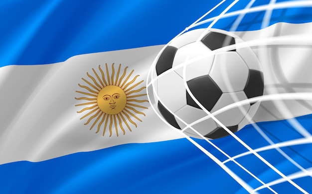 Vetor bola de futebol de couro realista na rede com bandeira da argentina 3d ilustração vetorial