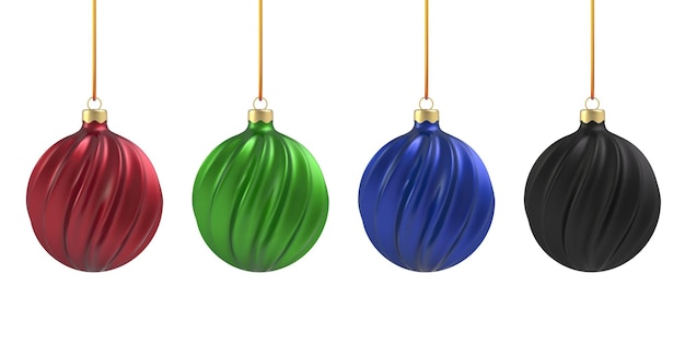 Bola de natal em estilo realista em fundo branco. espiral vertical preta, azul, vermelha e verde.