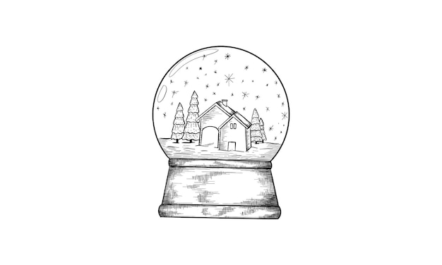 Bola de neve com casa e árvore de abeto no inverno desenho estilo vetor ilustração