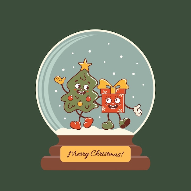 Bola de vidro com neve Feliz árvore de Natal abraça uma caixa de presentes velho estilo de desenho animado retrô férias
