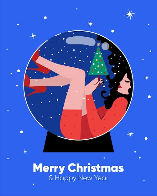 Bola de vidro de globo de neve de Natal com jovem. Garota dentro de bugiganga com árvore de natal