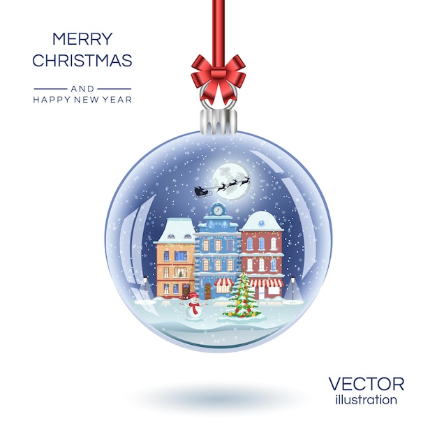 Bola de vidro de Natal com pequenas casas de cidade Ilustração de globo de neve Vector Xmas