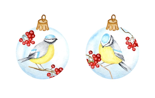 Bola de vidro de natal em aquarela com ramo e pássaro de inverno chapim-azul.