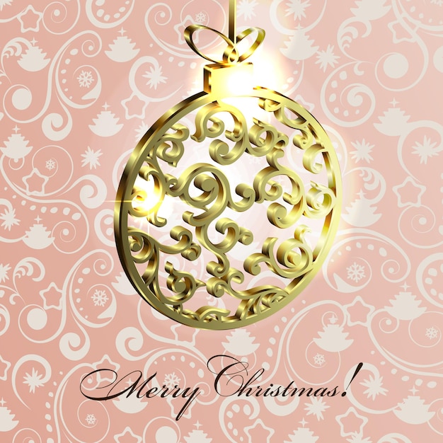 Bola dourada com um padrão em um lindo cartão de natal pendente com elementos festivos
