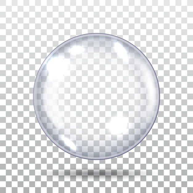 Bola esférica de vidro realista 3D em fundo quadriculado Render grande esfera de vidro transparente com brilhos e sombra esfera de luz translúcida Ícone Ilustração vetorial realista